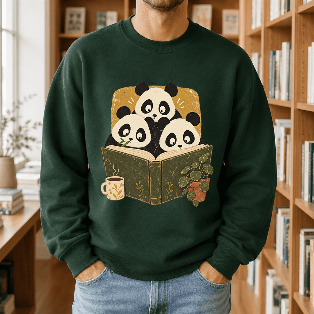 Curious Pandas Reading Crewneck Sweatshirt | Panda Lover & Reader Gift Forest Green