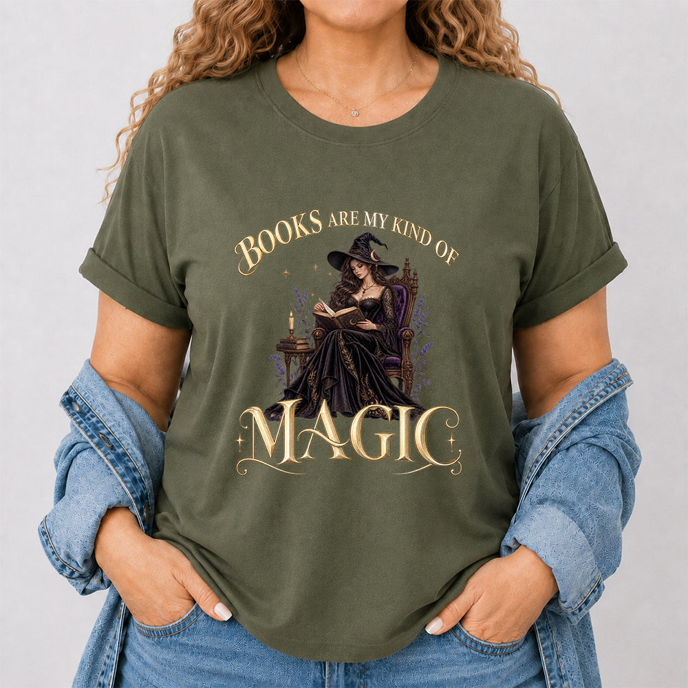 Books Are My Kind Of Magic Printed T-Shirt | Halloween Feminine Magic Reader Gift Military Green