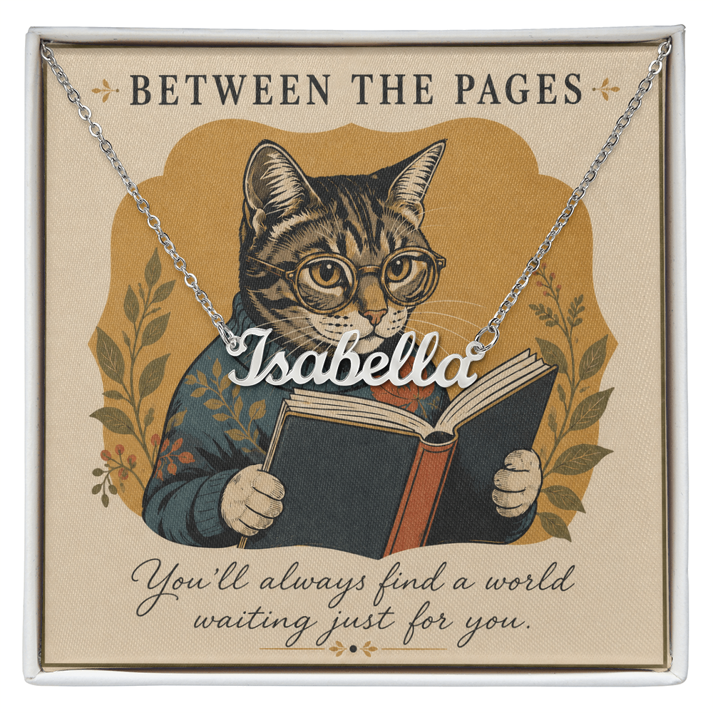 Cat Reading Between The Pages Decorative Card And Custom Name Polished Stainless Steel Necklace With Box Book Lover Gift Font 1