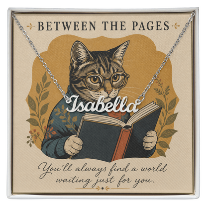 Cat Reading Between The Pages Decorative Card And Custom Name Polished Stainless Steel Necklace With Box Book Lover Gift Font 1