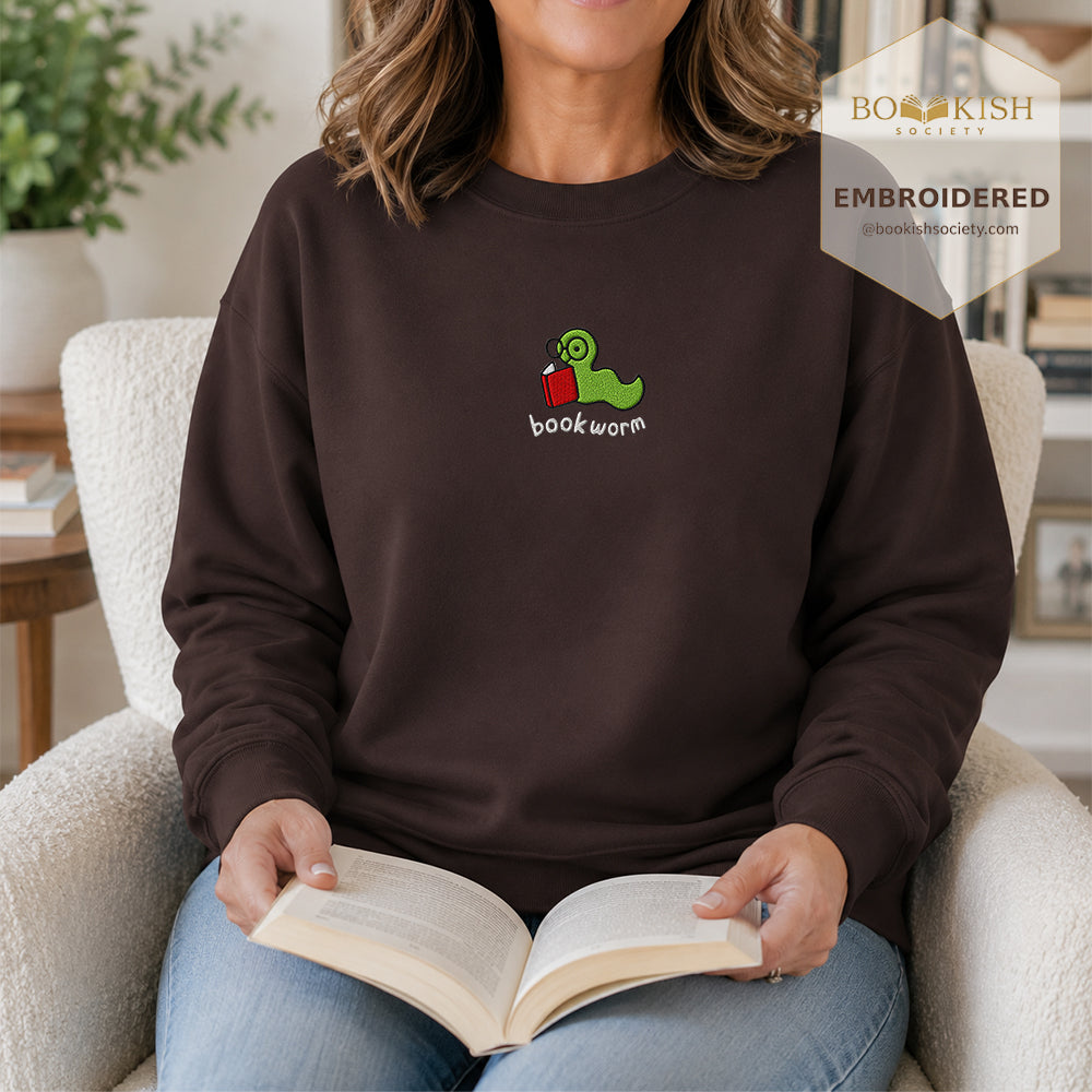 Bookworm Embroidered Sweatshirt | Reader Gift Dark Chocolate