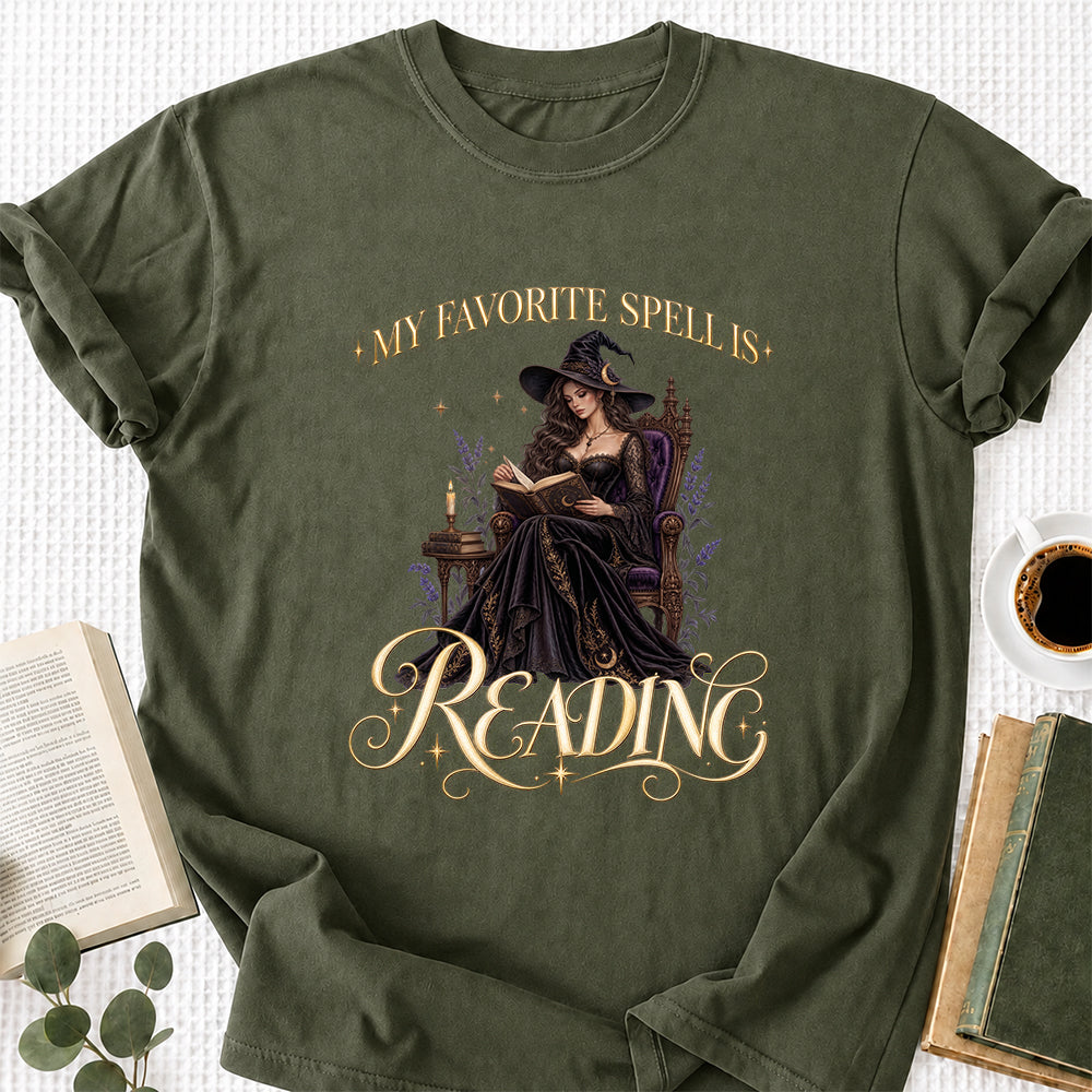 My Favorite Spell Is Reading Printed T-Shirt | Halloween Fantasy Book Lover Gift Military Green