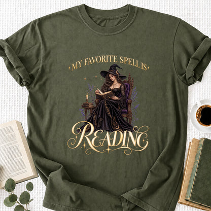 My Favorite Spell Is Reading Printed T-Shirt | Halloween Fantasy Book Lover Gift Military Green