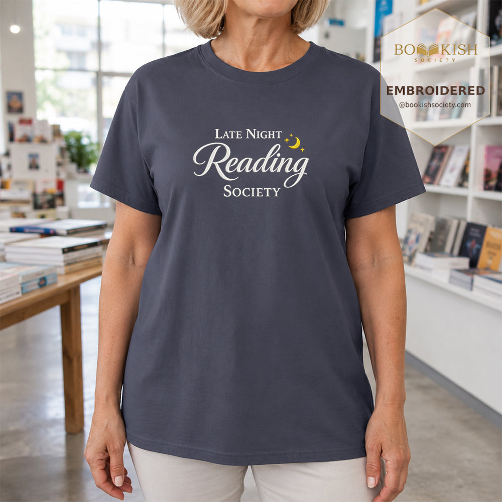 Late Night Reading Society Embroidered Comfort Color® T-shirt | Book Lover Gift Denim