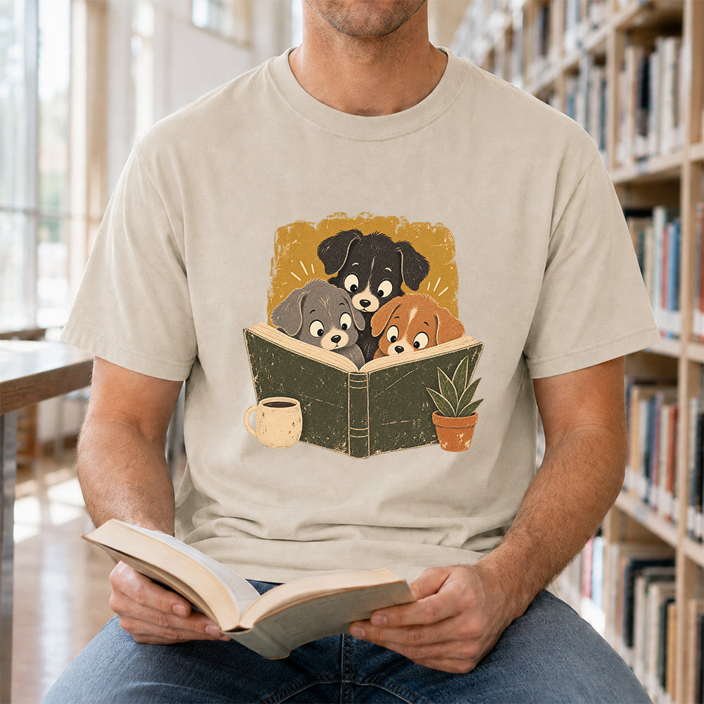 Minimal Japanese Dogs Reading Softstyle T-Shirt | Book Lover Gift Sand