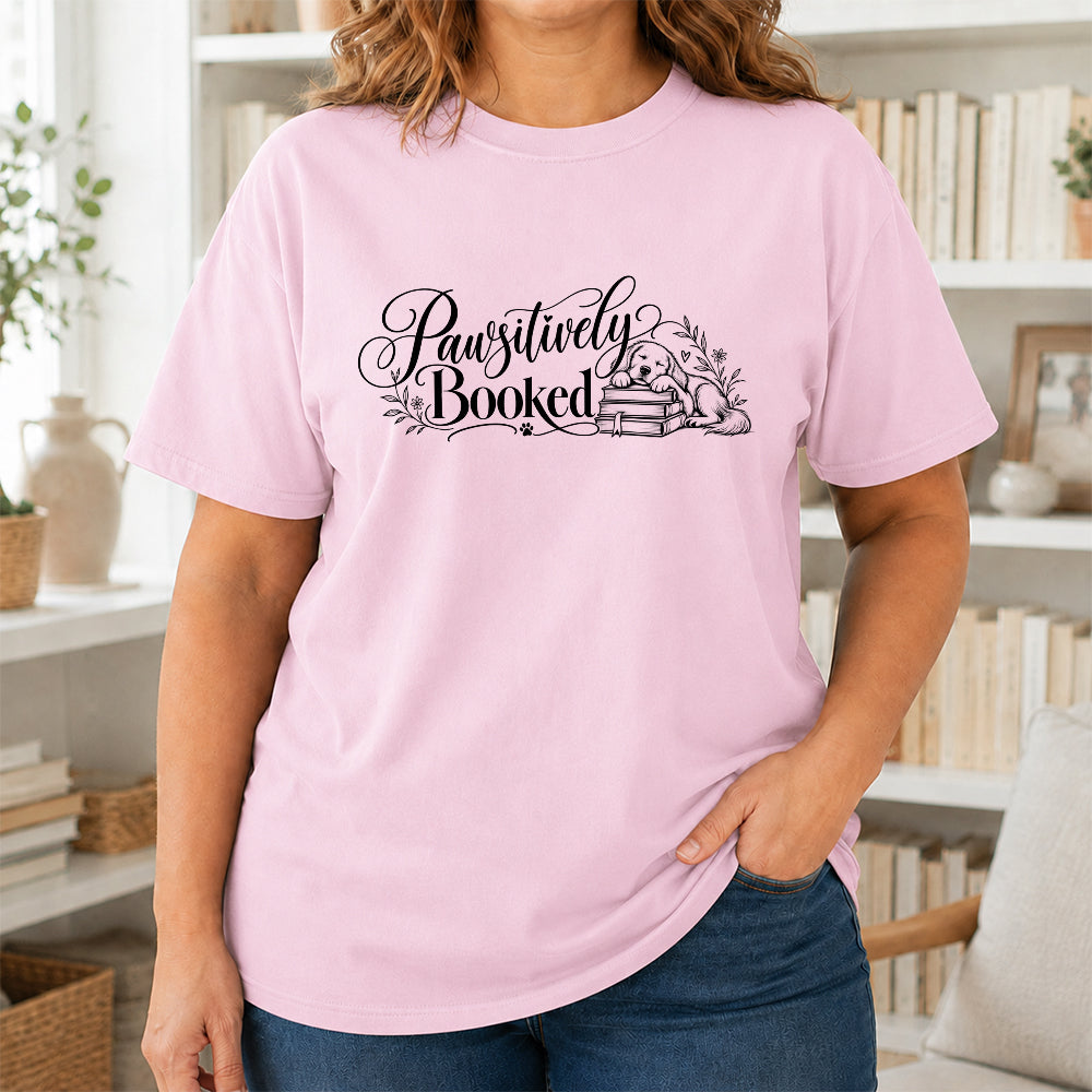 Pawsitively Booked Cotton T-Shirt | Dog Lover & Reader Gift Light Pink