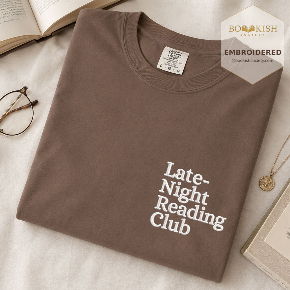 Late Night Reading Club Embroidered Comfort Color® T-shirt | Book Lover Gift Espresso