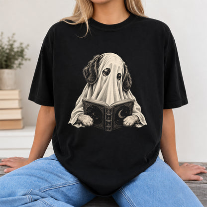 Reading Ghost Dog Printed T-Shirt | Halloween Dog Lover Gift Black