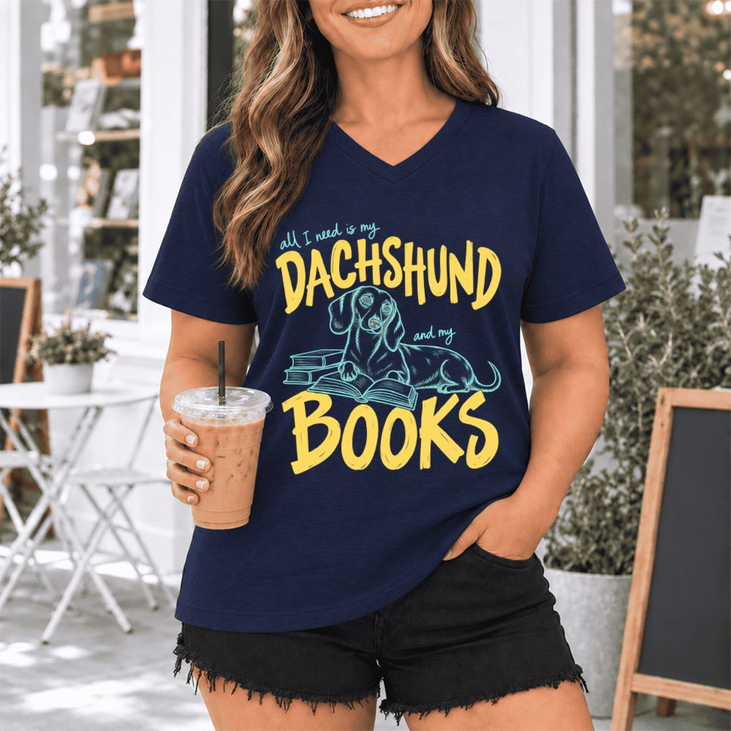All I Need Is My Dachshund And My Books Ultra-Soft V-Neck | Dog Mom Reader Gift Navy