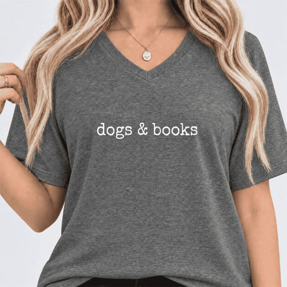 Dogs & Books Ultra-Soft V-Neck | Dog Lover & Reader Gift Deep Heather