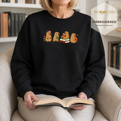 Reading Capybaras Embroidered Sweatshirt | Reader Gift Black