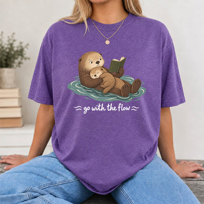 Go With The Flow Otter Reading Softstyle T-Shirt | Book Lover Gift Heather Purple