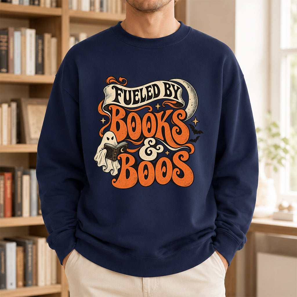 Fueled By Books & Boos Printed Sweatshirt | Halloween Book Lover Gift Navy