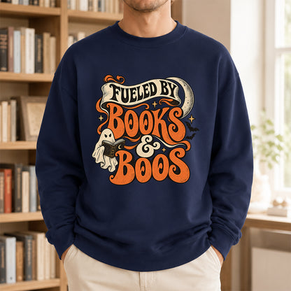 Fueled By Books & Boos Printed Sweatshirt | Halloween Book Lover Gift Navy