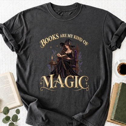 Books Are My Kind Of Magic Printed T-Shirt | Halloween Feminine Magic Reader Gift Dark Heather