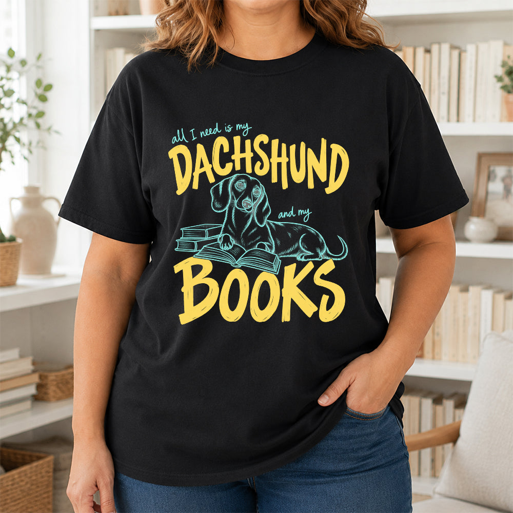 All I Need Is My Dachshund And My Books Softstyle T-Shirt | Book Lover Gift Black