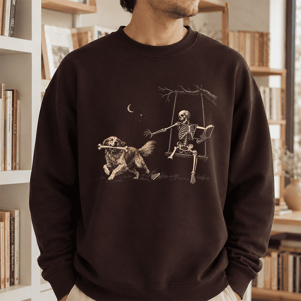 Funny Reading Book With Golden Retriever Printed Sweatshirt | Halloween Dog Lover & Reader Gift Dark Chocolate