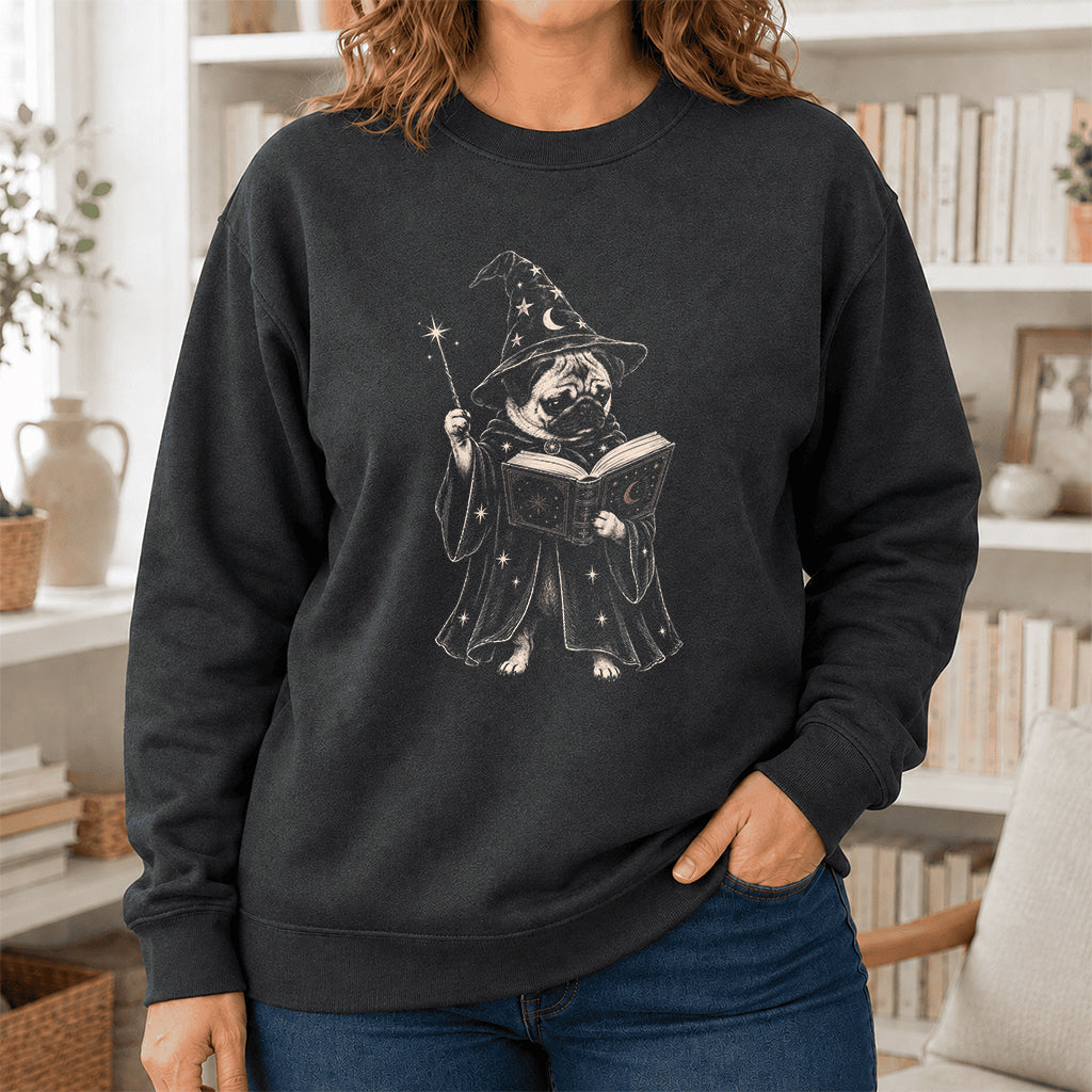 Cute Pug Witch Reading Book Printed Sweatshirt | Halloween Book Lover Gift Dark Heather