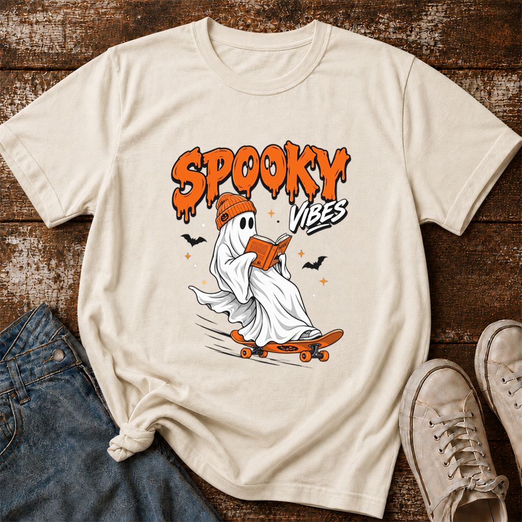 Spooky Vibes Printed T-Shirt | Halloween Book Lover Gift Natural