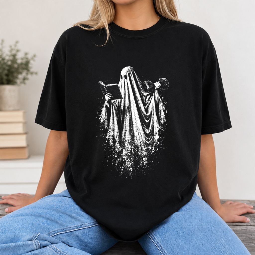 Reading Gym Ghost Printed T-Shirt | Halloween Book Lover Gift Black