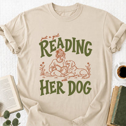 Just A Girl Reading With Her Dog Softstyle T-Shirt | Book Lover Gift Sand