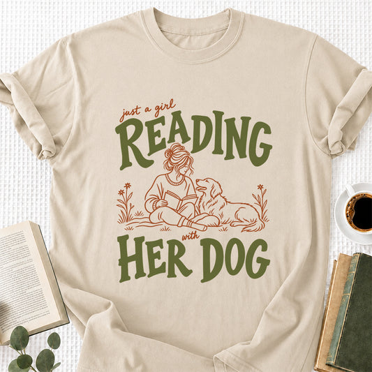 Just A Girl Reading With Her Dog Softstyle T-Shirt | Book Lover Gift Sand
