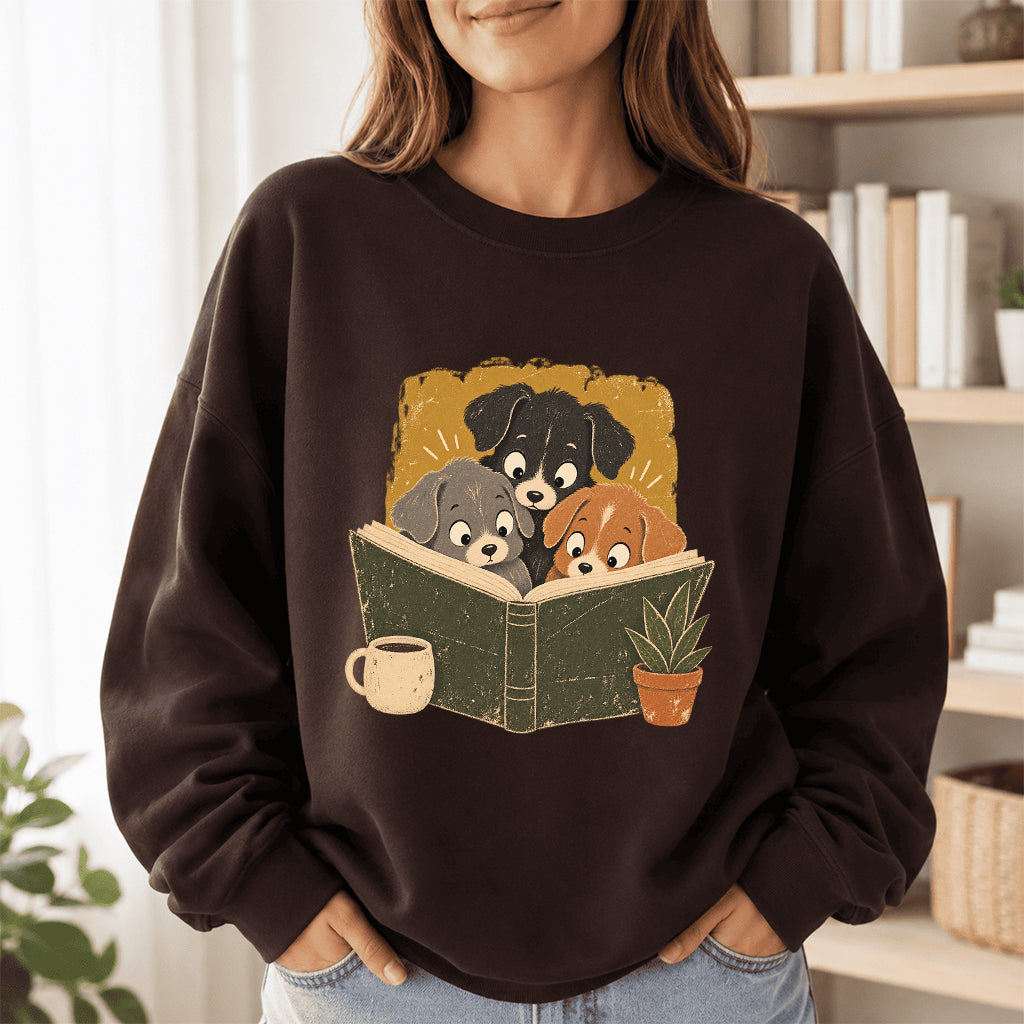 Minimal Japanese Dogs Reading Crewneck Sweatshirt | Reader Gift Dark Chocolate