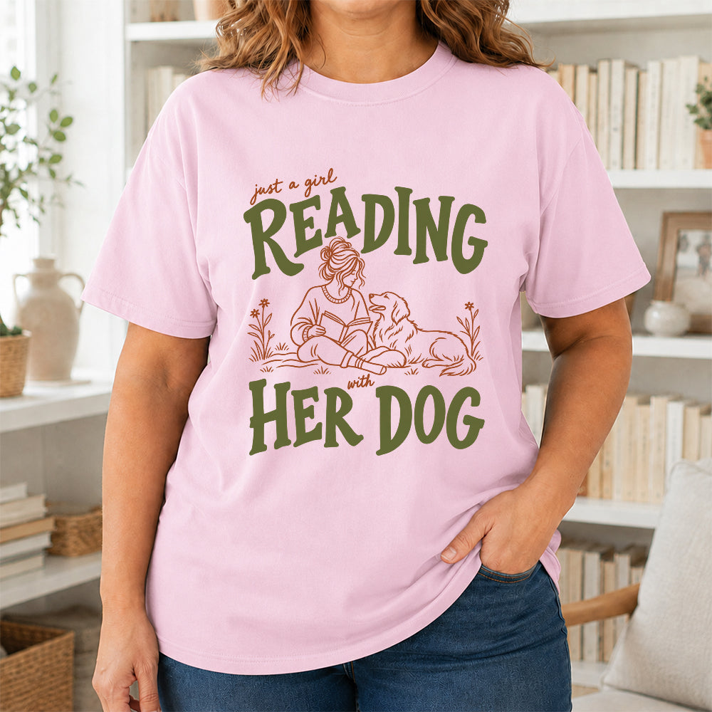 Just A Girl Reading With Her Dog Softstyle T-Shirt | Book Lover Gift Light Pink