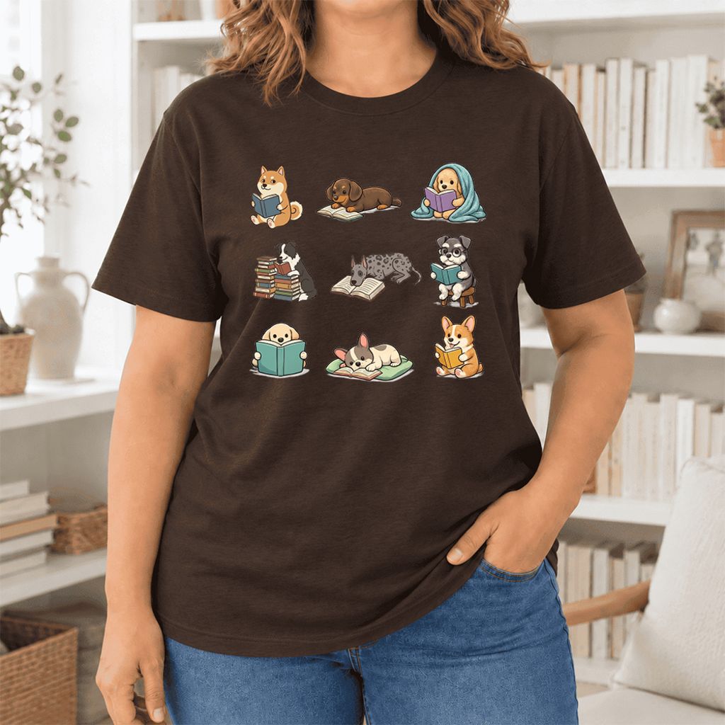 Funny Reading Dogs Ultra-Soft Cotton T-Shirt | Dog Mom Reader Gift Brown