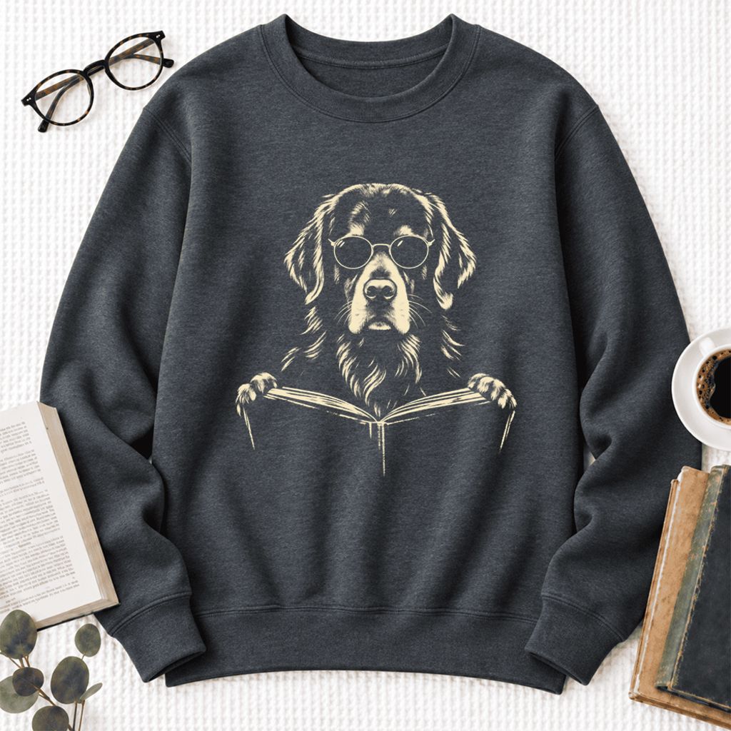 Golden Retriever Reading Book Softstyle Sweatshirt | Golden Retriever Gift Dark Heather