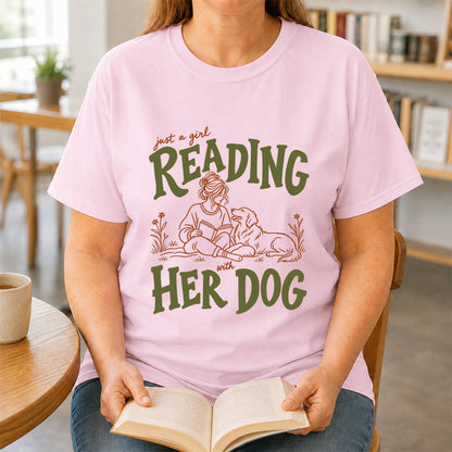 Just A Girl Reading With Her Dog Softstyle T-Shirt | Book Lover Gift Light Pink