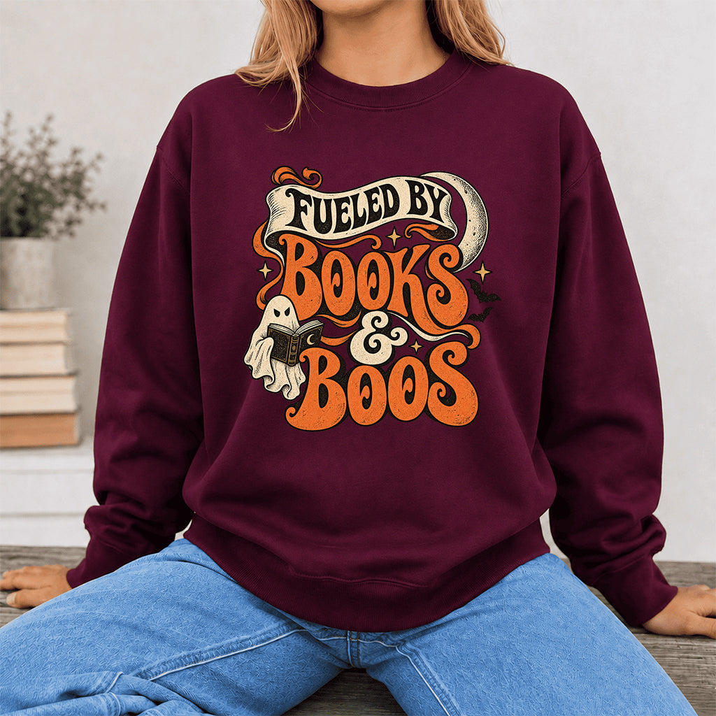 Fueled By Books & Boos Printed Sweatshirt | Halloween Book Lover Gift Maroon