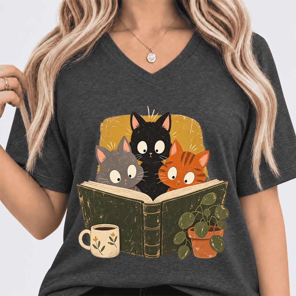 Curious Reading Cats Ultra-Soft V-Neck | Cat Lover Reader Gift Dark Grey Heather
