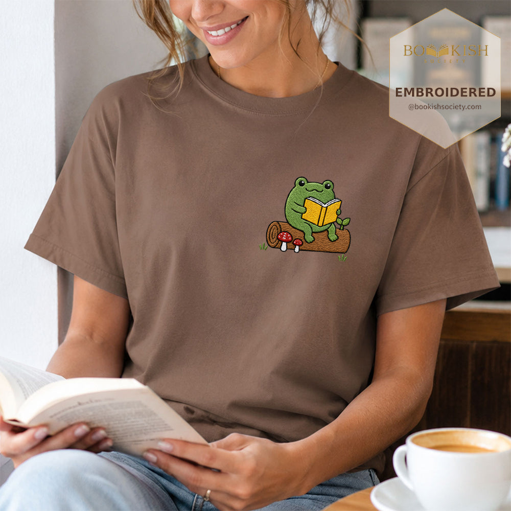 Embroidered Frog on Log Reading Book Comfort Color® T-shirt Book Lover Gift Espresso