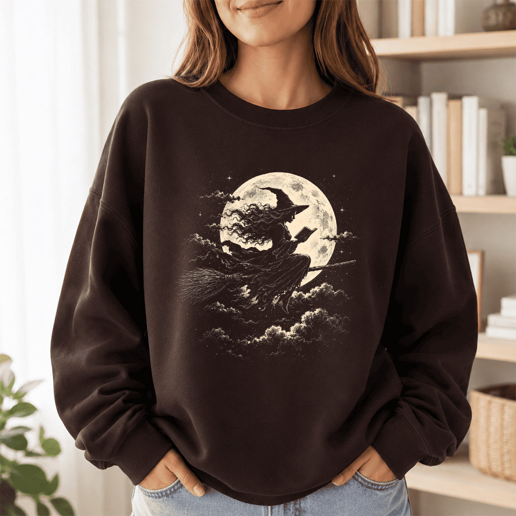 Reading Witch On The Flying Broom Printed Sweatshirt | Halloween Reader Gift Dark Chocolate