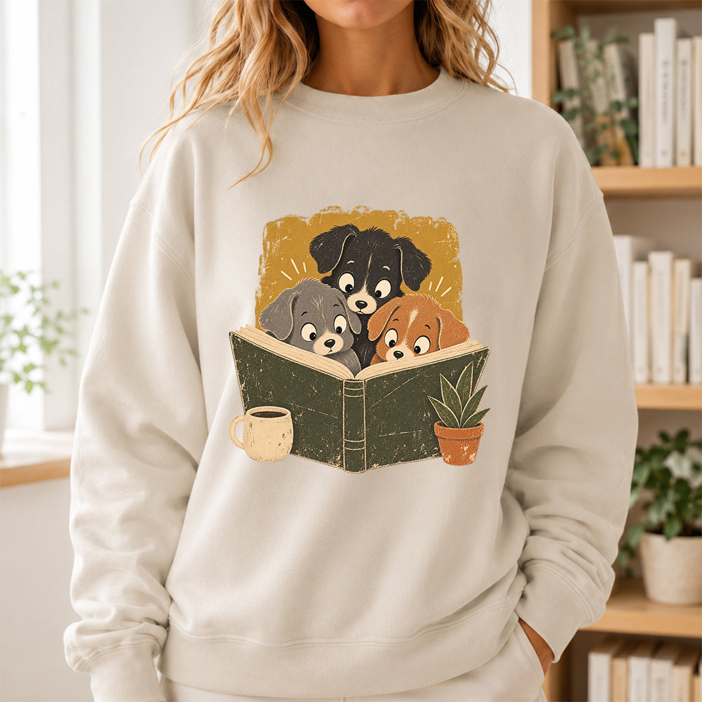 Minimal Japanese Dogs Reading Crewneck Sweatshirt | Reader Gift Sand