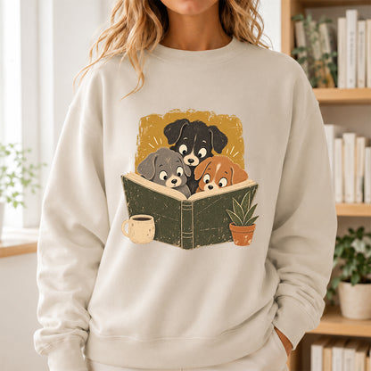 Minimal Japanese Dogs Reading Crewneck Sweatshirt | Reader Gift Sand
