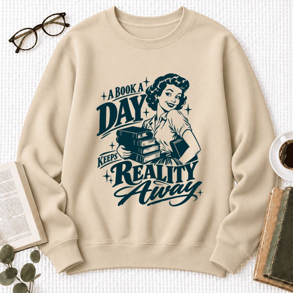 A Book A Day Keeps Reality Away Softstyle Sweatshirt | Cozy Book Lover Gift Sand