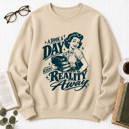 A Book A Day Keeps Reality Away Softstyle Sweatshirt | Cozy Book Lover Gift Sand
