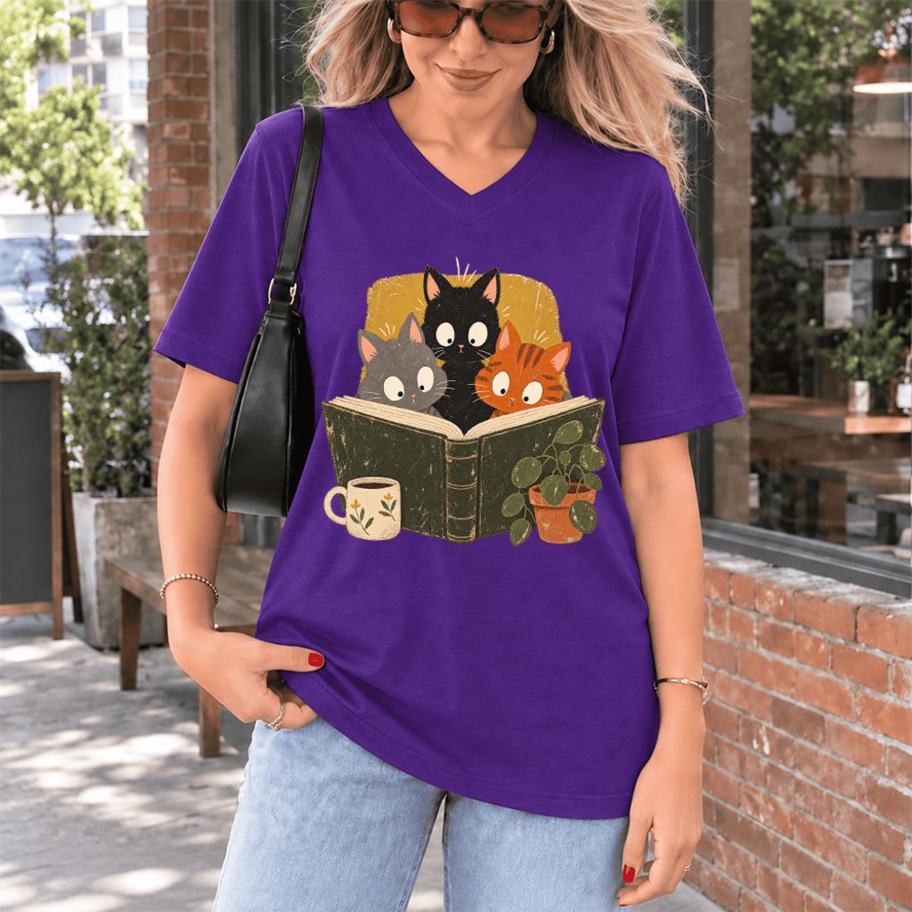 Curious Reading Cats Ultra-Soft V-Neck | Cat Lover Reader Gift Team Purple