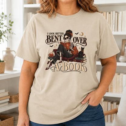 I Look Better Bent Over A Book Printed T-Shirt | Halloween Book Lover Gift Sand