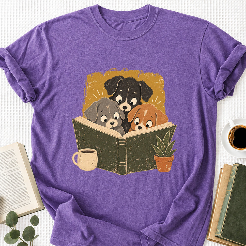 Minimal Japanese Dogs Reading Softstyle T-Shirt | Book Lover Gift Heather Purple