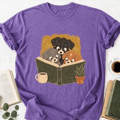 Minimal Japanese Dogs Reading Softstyle T-Shirt | Book Lover Gift Heather Purple