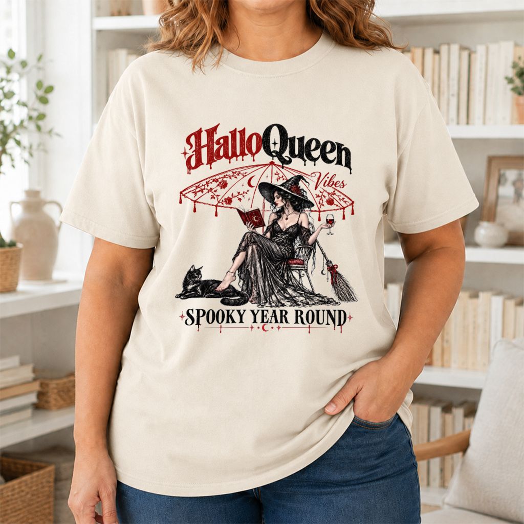 Halloqueen Spooky Year Round Printed T-Shirt | Halloween Book Lover Gift Natural