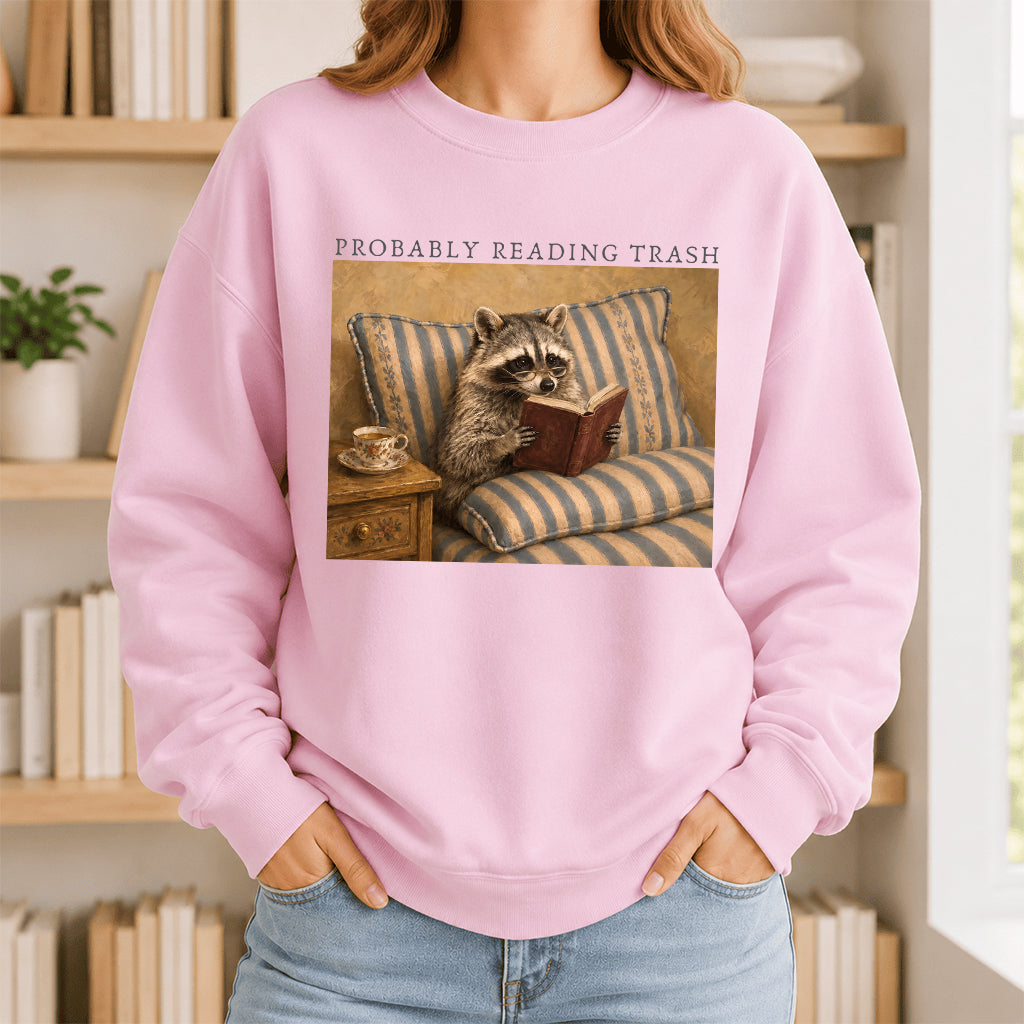 Probably Reading Trash Racoon Crewneck Sweatshirt | Reader Gift Light Pink