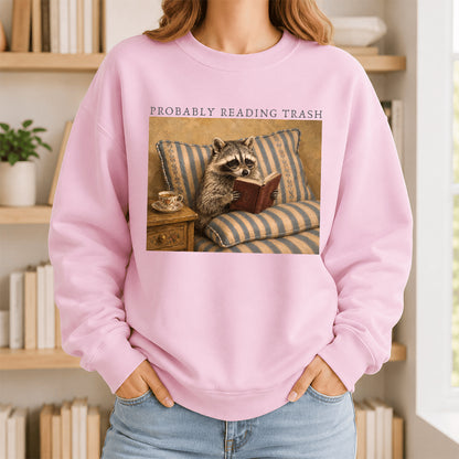 Probably Reading Trash Racoon Crewneck Sweatshirt | Reader Gift Light Pink