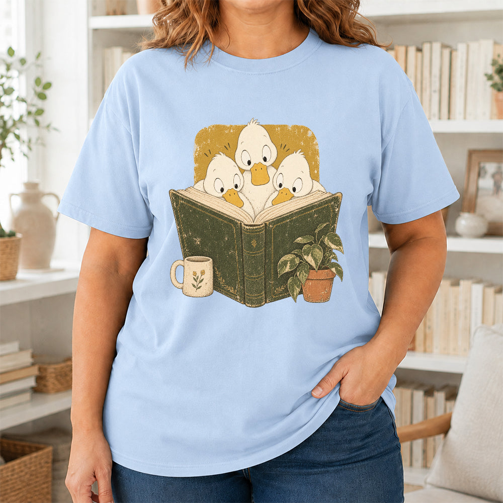 Minimal Japanese Ducks Reading Softstyle T-Shirt | Book Lover Gift Light Blue