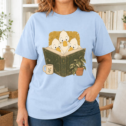 Minimal Japanese Ducks Reading Softstyle T-Shirt | Book Lover Gift Light Blue