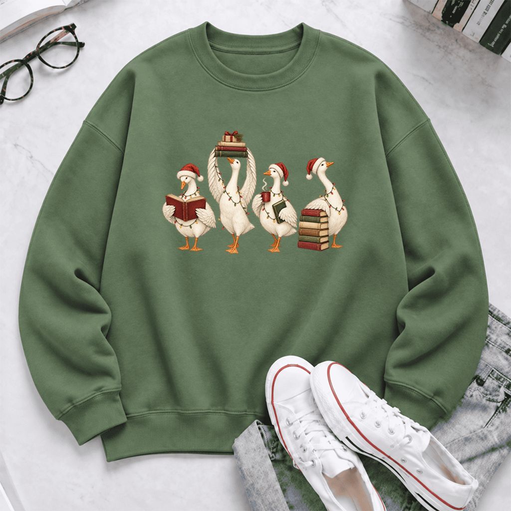 Christmas Reading Ducks Softstyle Sweatshirt | Christmas Book Lover Gift Military Green