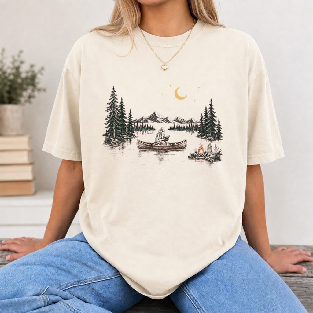 Reading Ghost On The Boat Printed T-Shirt | Spooky Book Lover Gift Natural